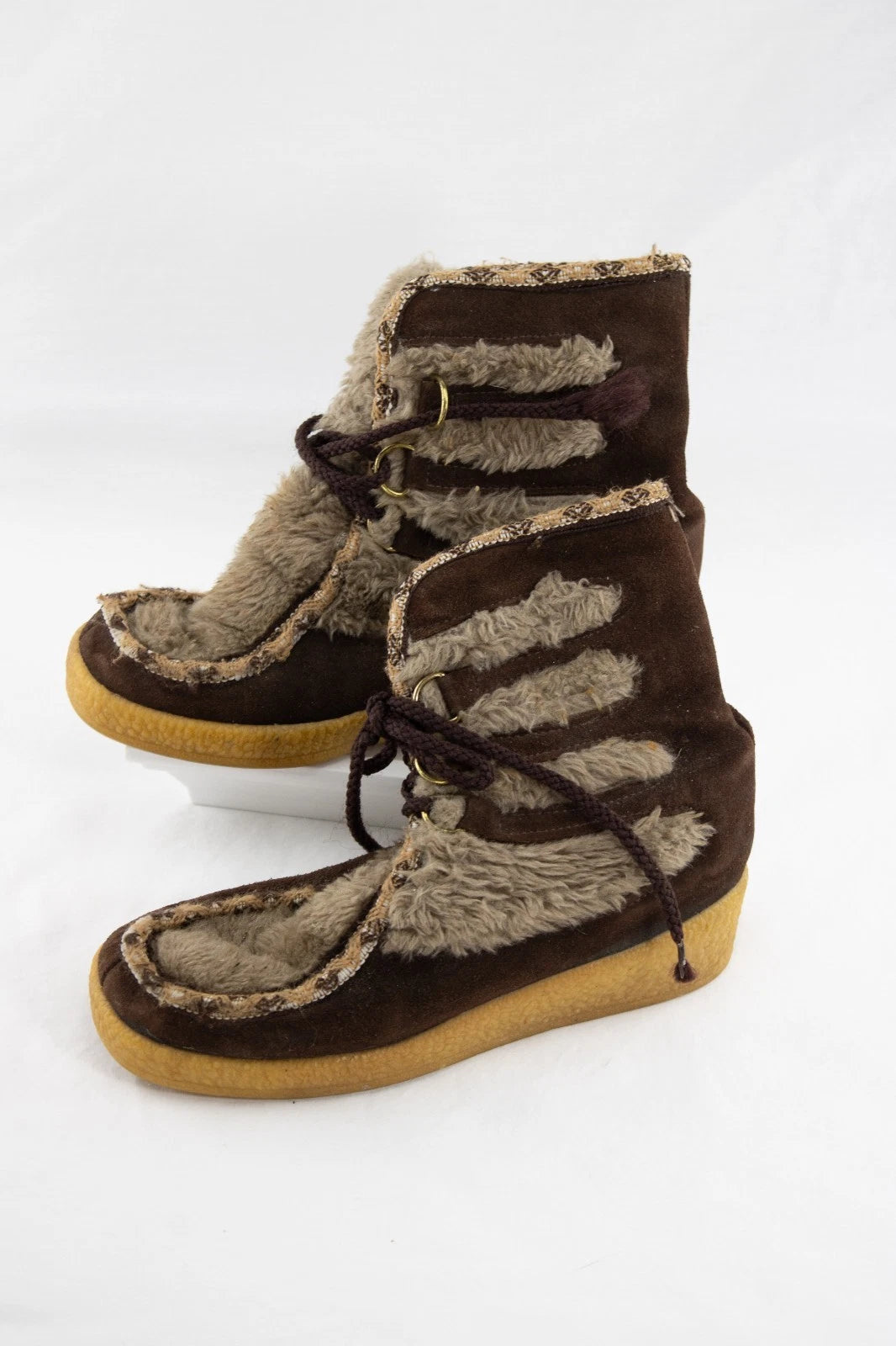 Vintage Yodelers Winter Boots | 1970s Faux Fur Suede Lace-Up Moccasin Boots |