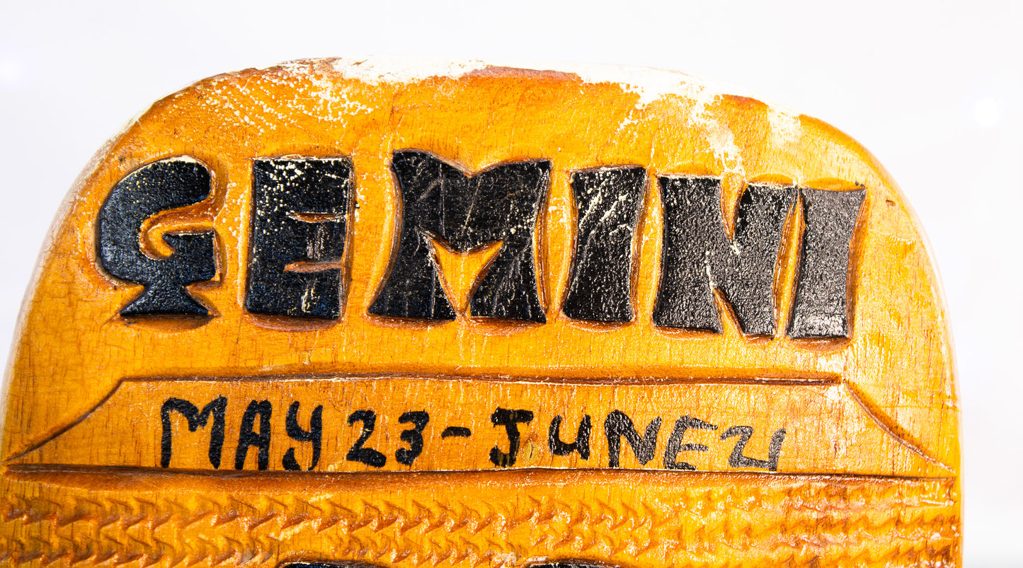 Gemini Zodiac Wood Carving, Jamaica Straw Market Folk Art 1982