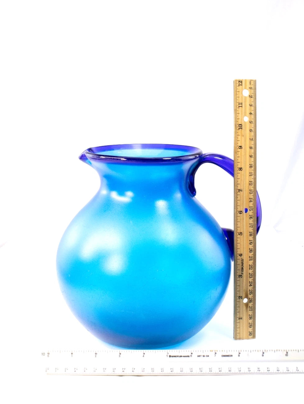 Vivid Cobalt Blue Hand-Blown Art Glass Pitcher / Vase β Frosted Finish, 10.5"
