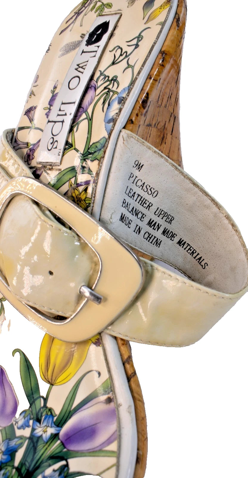 Two Lips “Picasso” Wedge Sandals 9M – Cream Straps • Floral Footbed • Cork Heel