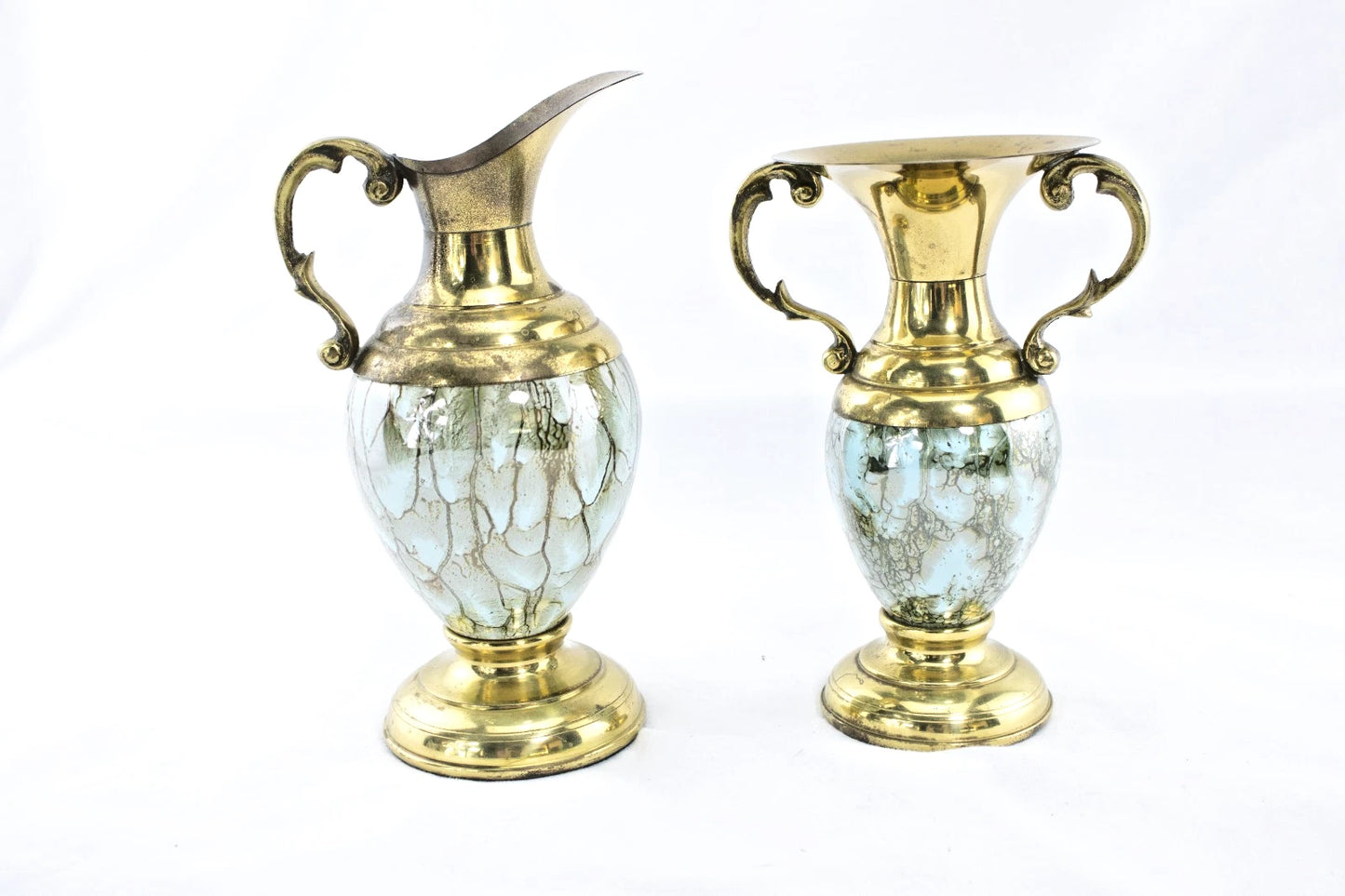 โจ Vintage Mid Century Brass & Art Glass Pitcher & Vase Set โ STUNNING Hollywood