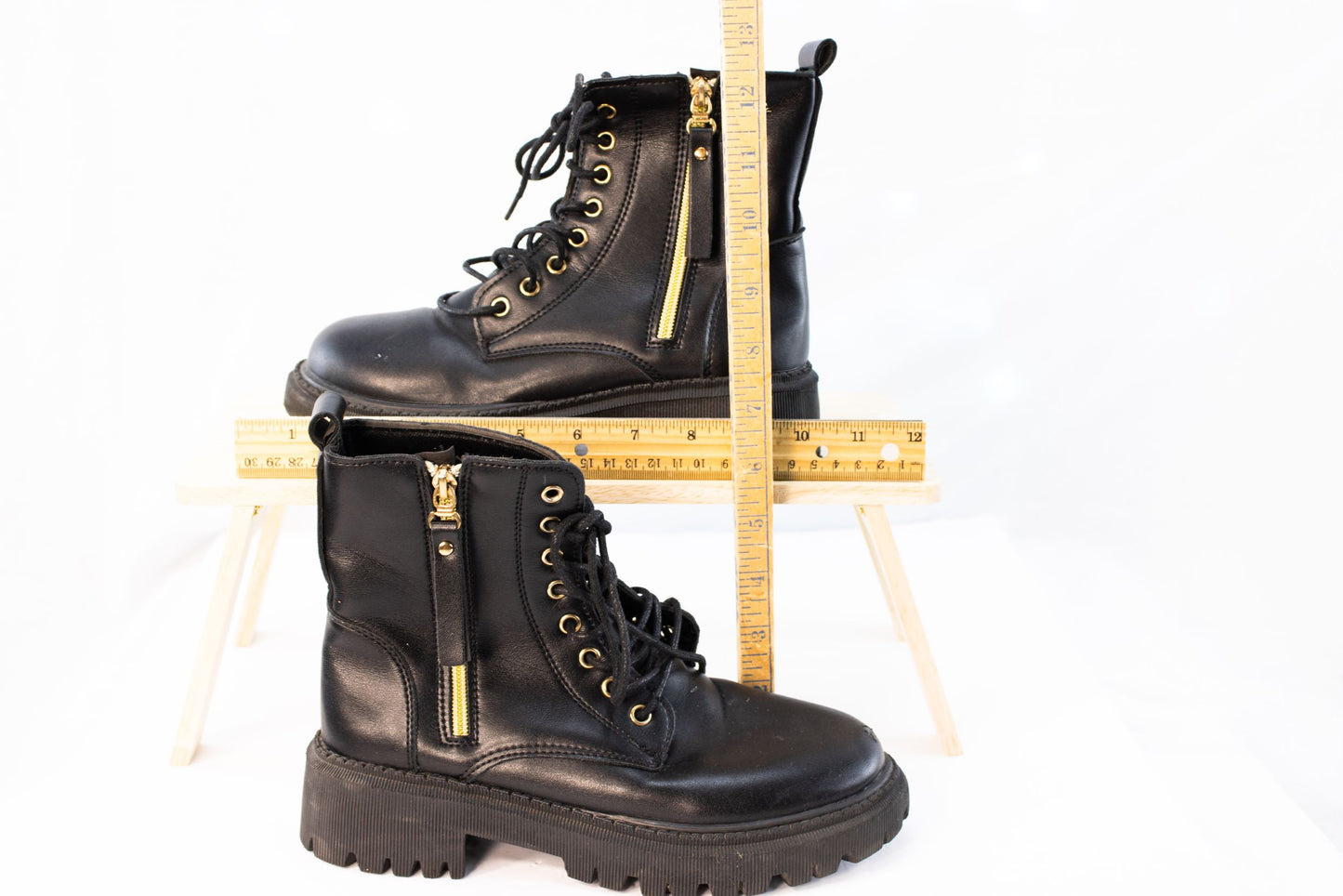Black Leather Combat Boots Womens EU 38 US 7 Lace Up Lug Sole Zipper