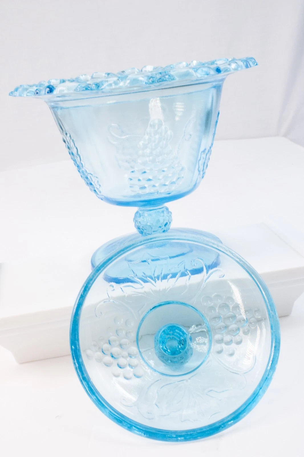 Vintage Aqua Blue Glass Compote with Lid – Harvest Grape Pattern Pedestal Candy