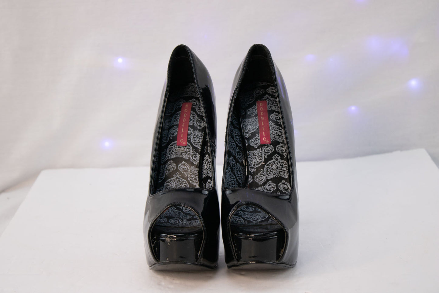 Bordello Black Patent Platform Peep Toe Stiletto Heels Womens