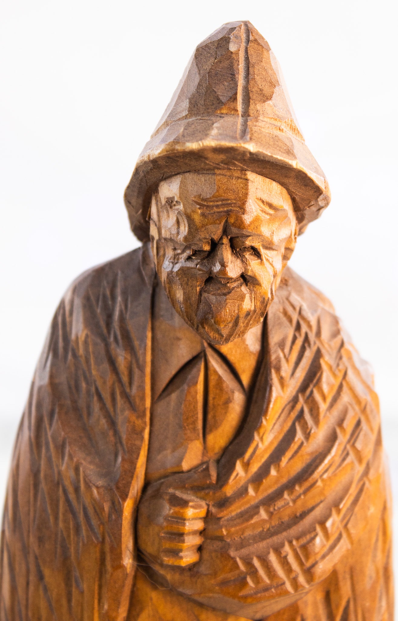 Signed Hand Carved Wooden Folk Art Man Vintage Cloaked Figure Sculpture