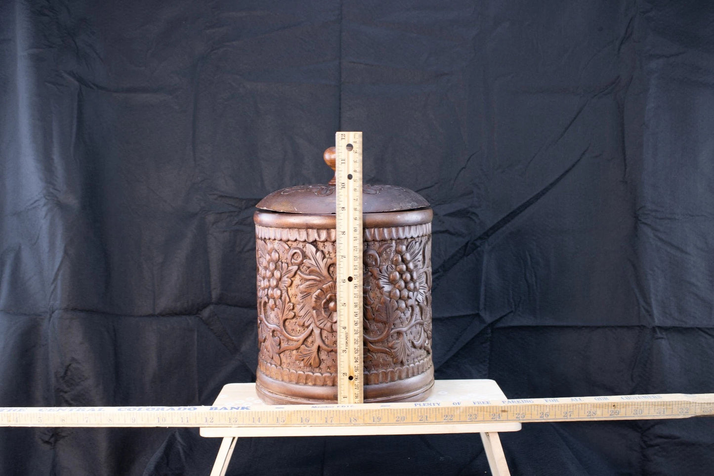 Vintage Hand-Carved Hardwood Floral Jar w/Lid Rustic Artistry from the Old World