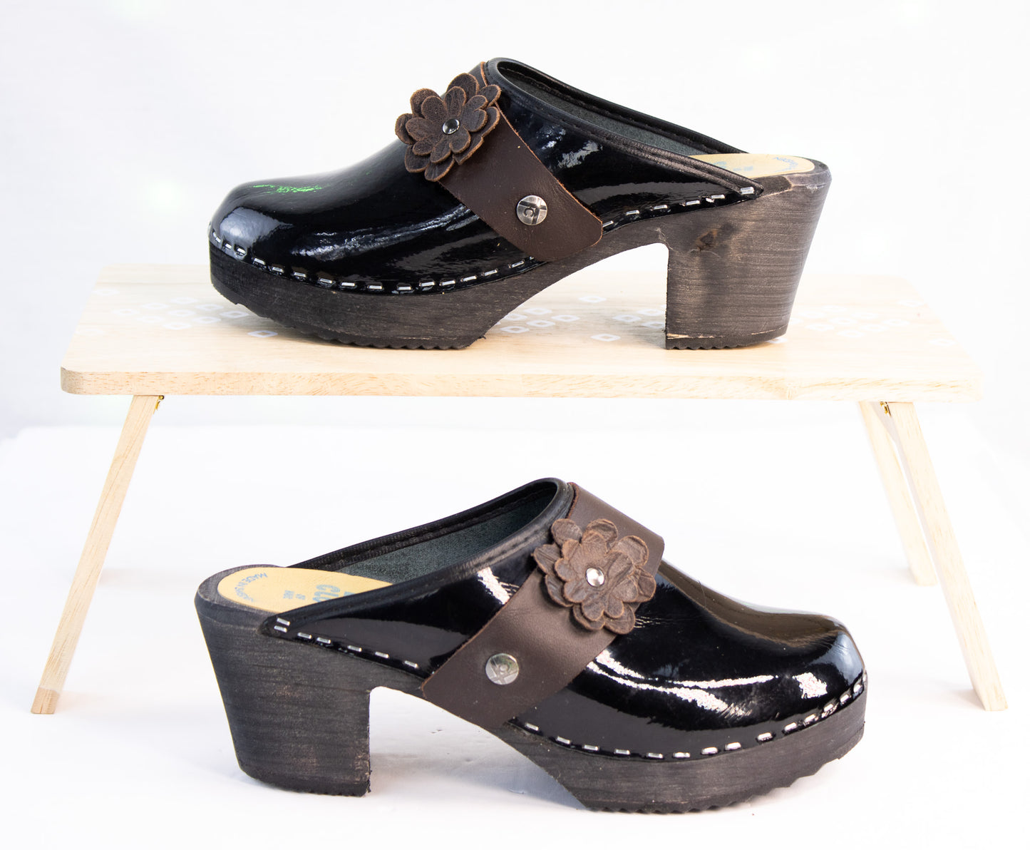 Vintage Tessa Clogs of Vail Black Patent Leather Swedish Heeled Clogs EU 38