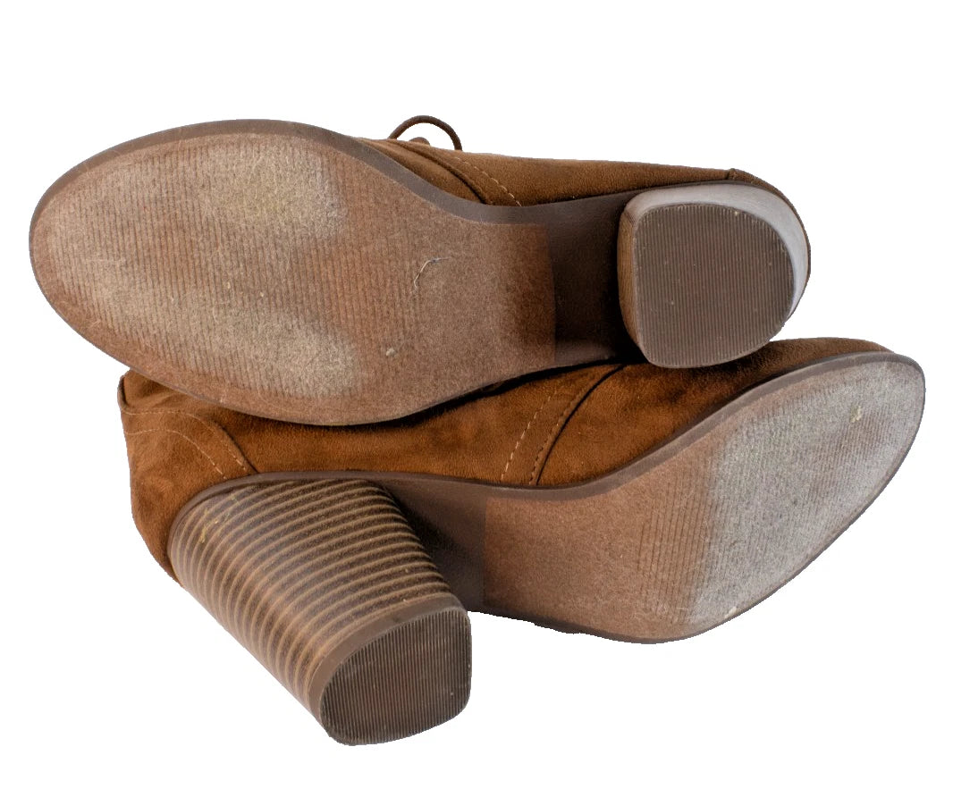 Y-Not? Cognac Faux-Suede Lace-Up Ankle Booties (Stacked Heel)