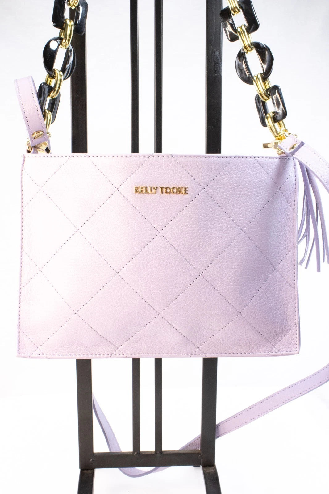 Kelly Tooke Sutton Crossbody Bag / Lilac Leather Quilted Handbag w/ Resin Chain