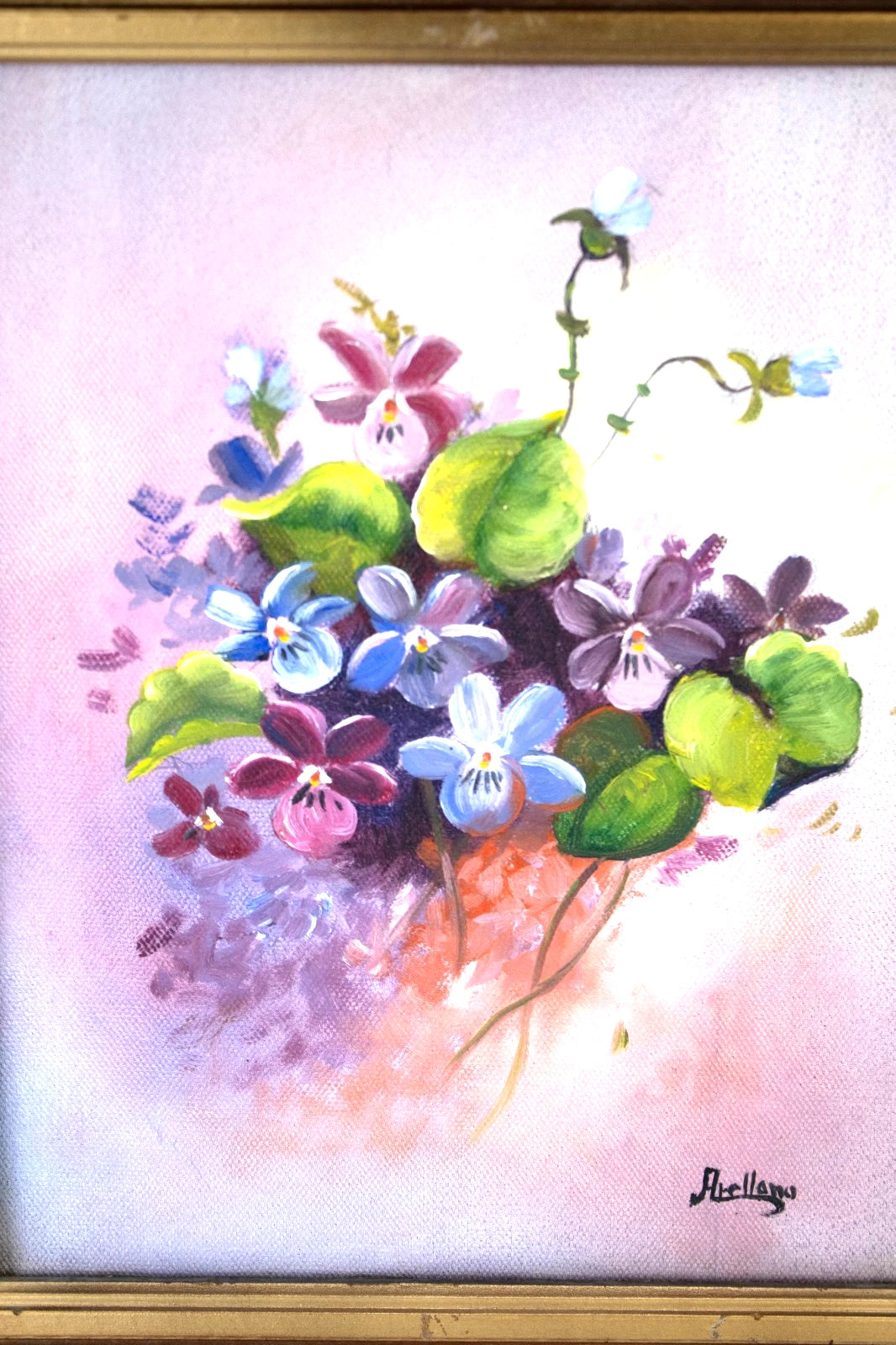 Vintage Floral Still Life by Arellano | Pink & Violet Violets Oil Painting