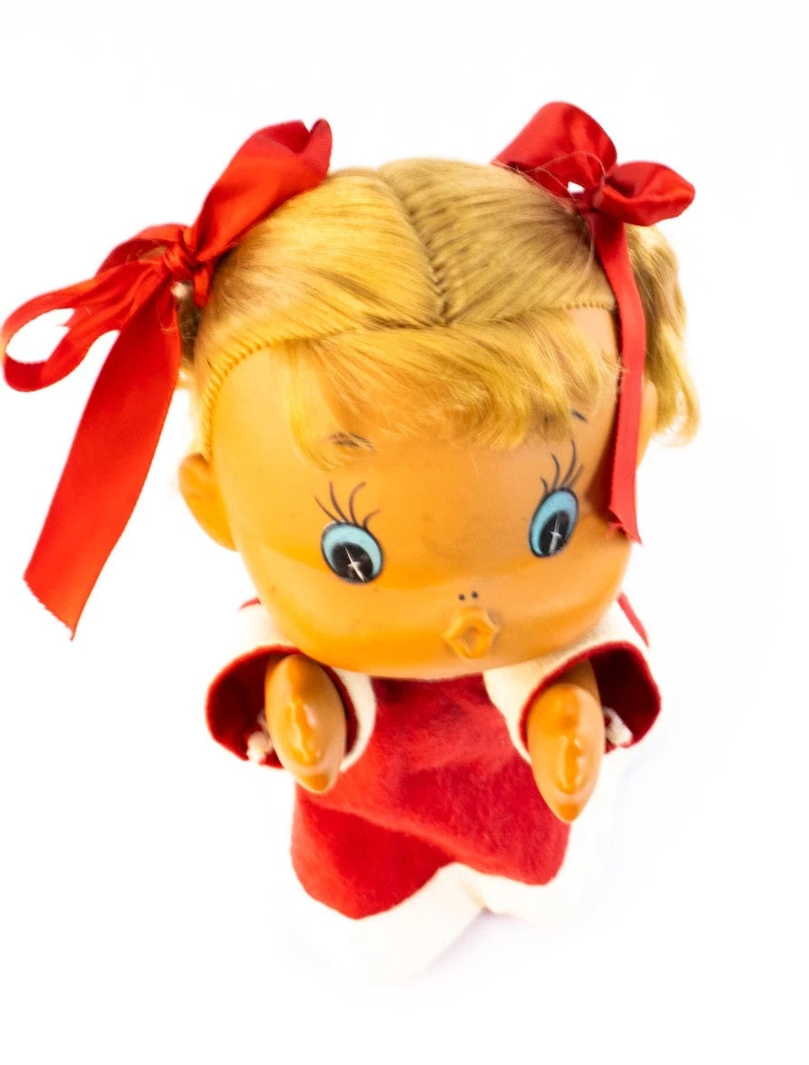 1970s Japanese Sekiguchi-Style Vinyl Doll “Red Dress Girl” -Unmarked Vintage Toy