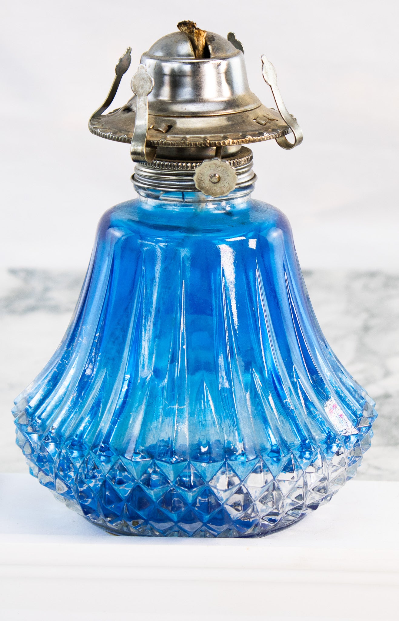 Antique Cobalt Blue Glass Oil Lamp | Victorian Pressed Glass Lighting Decor