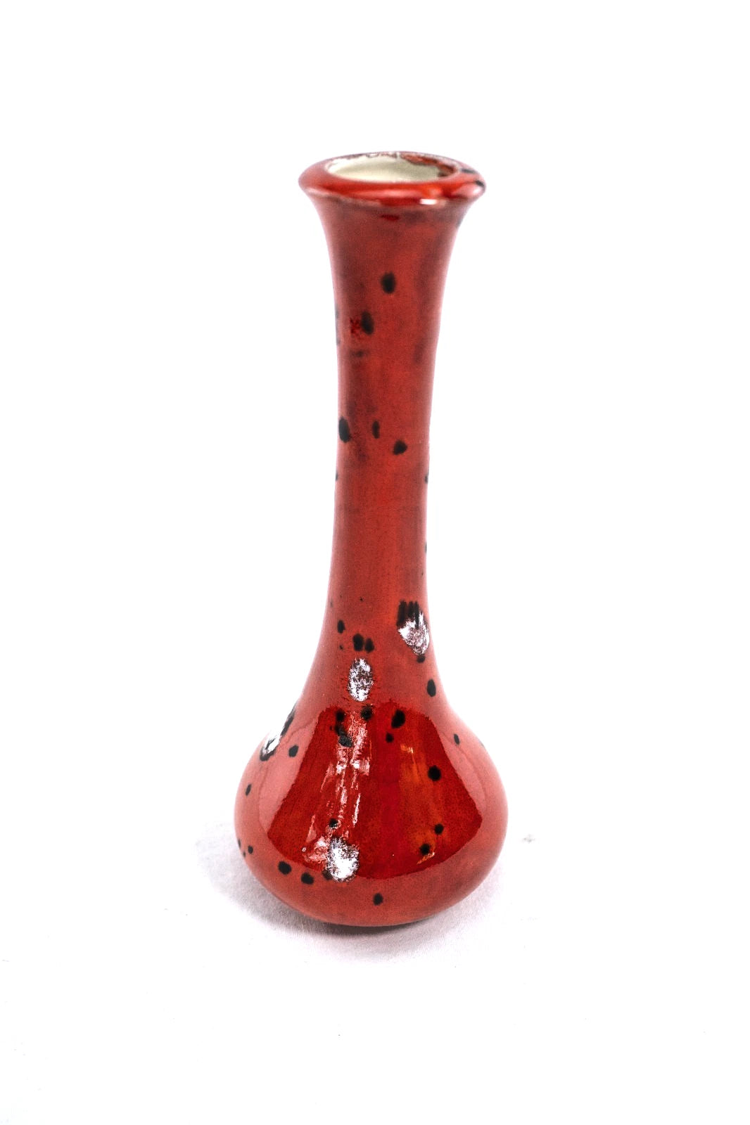 🧡 Vintage Studio Pottery Bud Vase – Red & Black Speckled Glaze – Hand Thrown