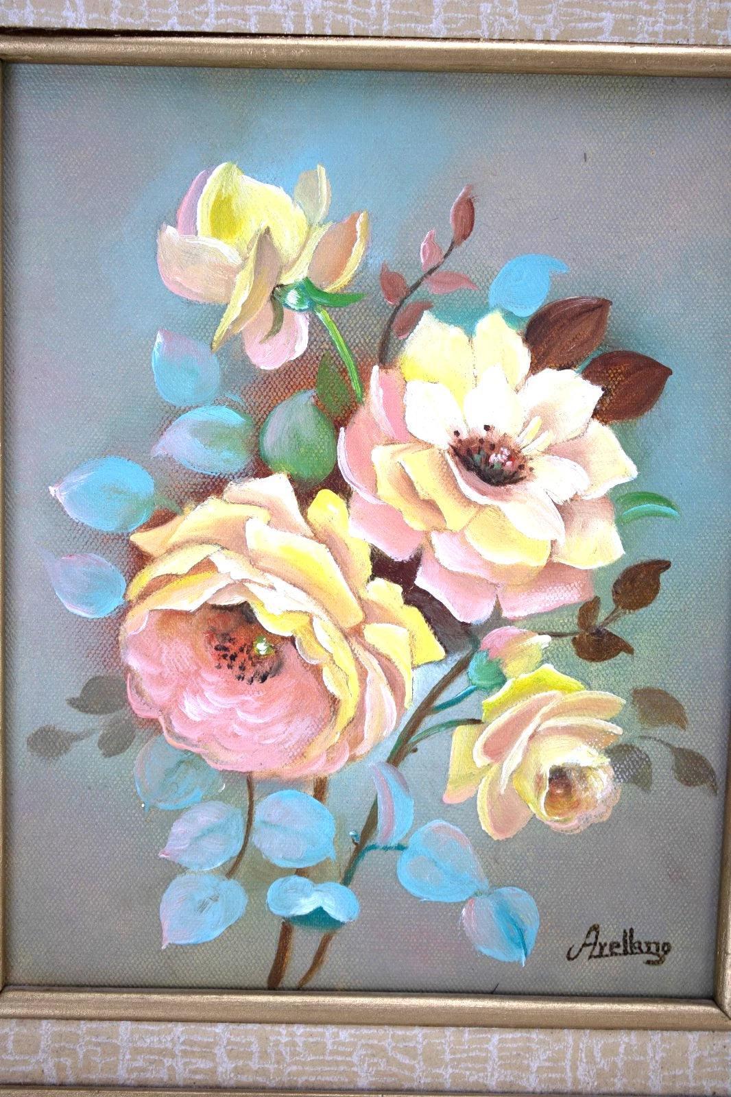 Vintage Signed Floral Oil Painting by Arellano | Yellow Rose Bouquet | Textured