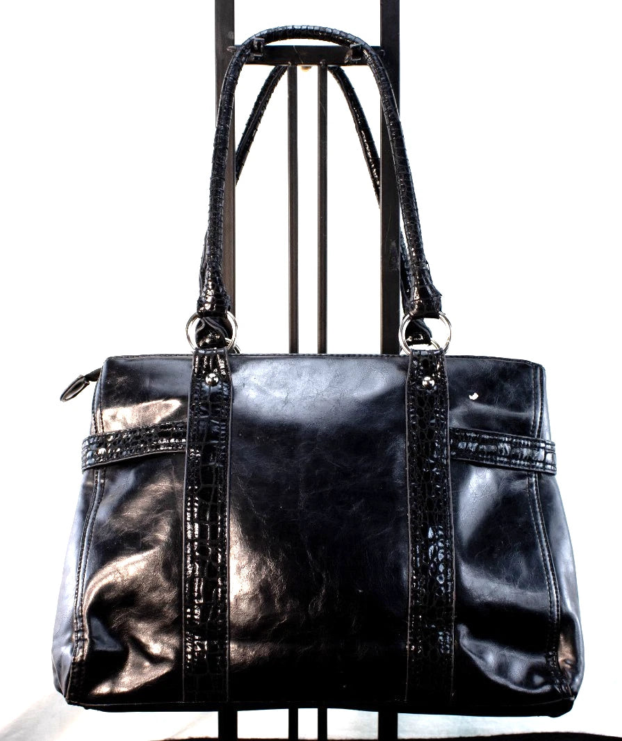 ✨ Diverso Black Patent-Trim Leather Tote – Made in Spain – Triple Compartment