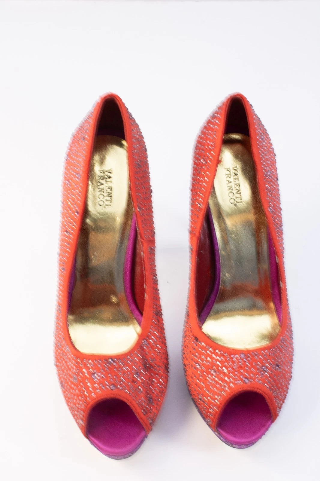 Valenti Franco Red & Purple Rhinestone Platform Heels – Size 7M – Leather Sole