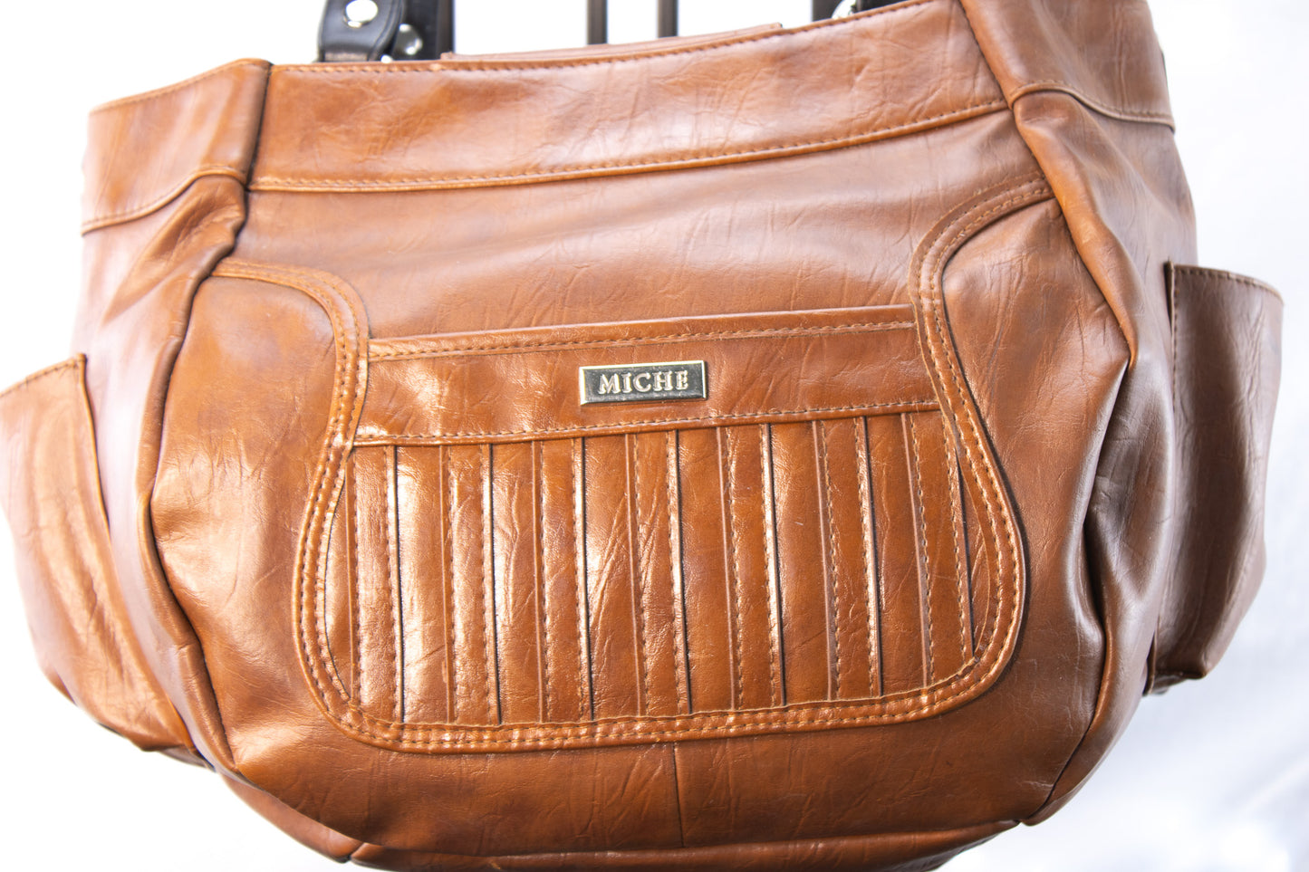 Miche Brown Leather Tote Handbag with Black Handles