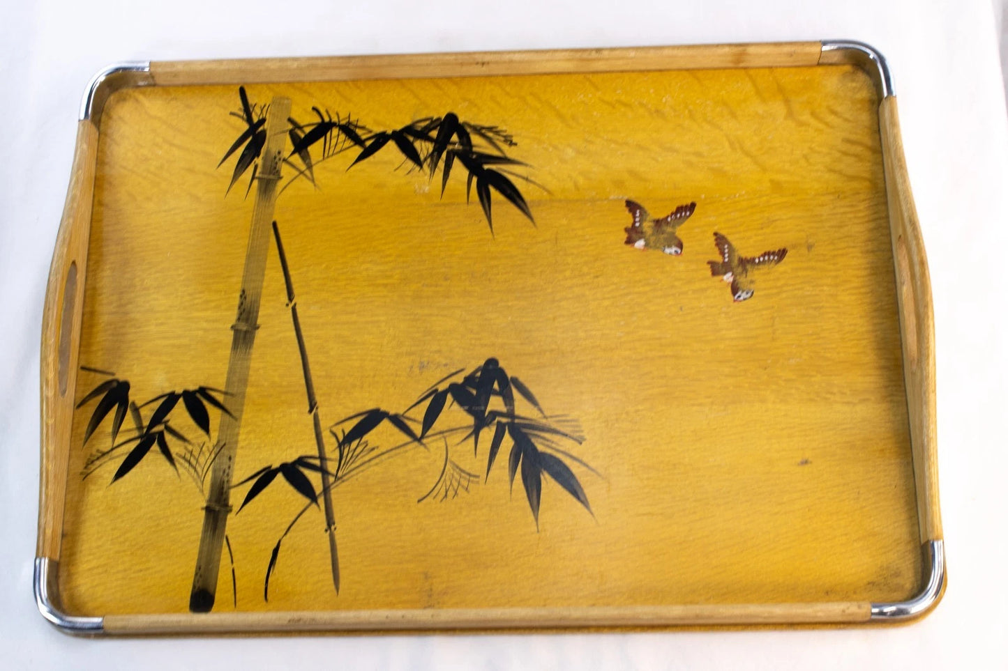 🌿 Vintage Japanese Bamboo & Bird Serving Trays – Set of 3 – Made in Japan – Mid