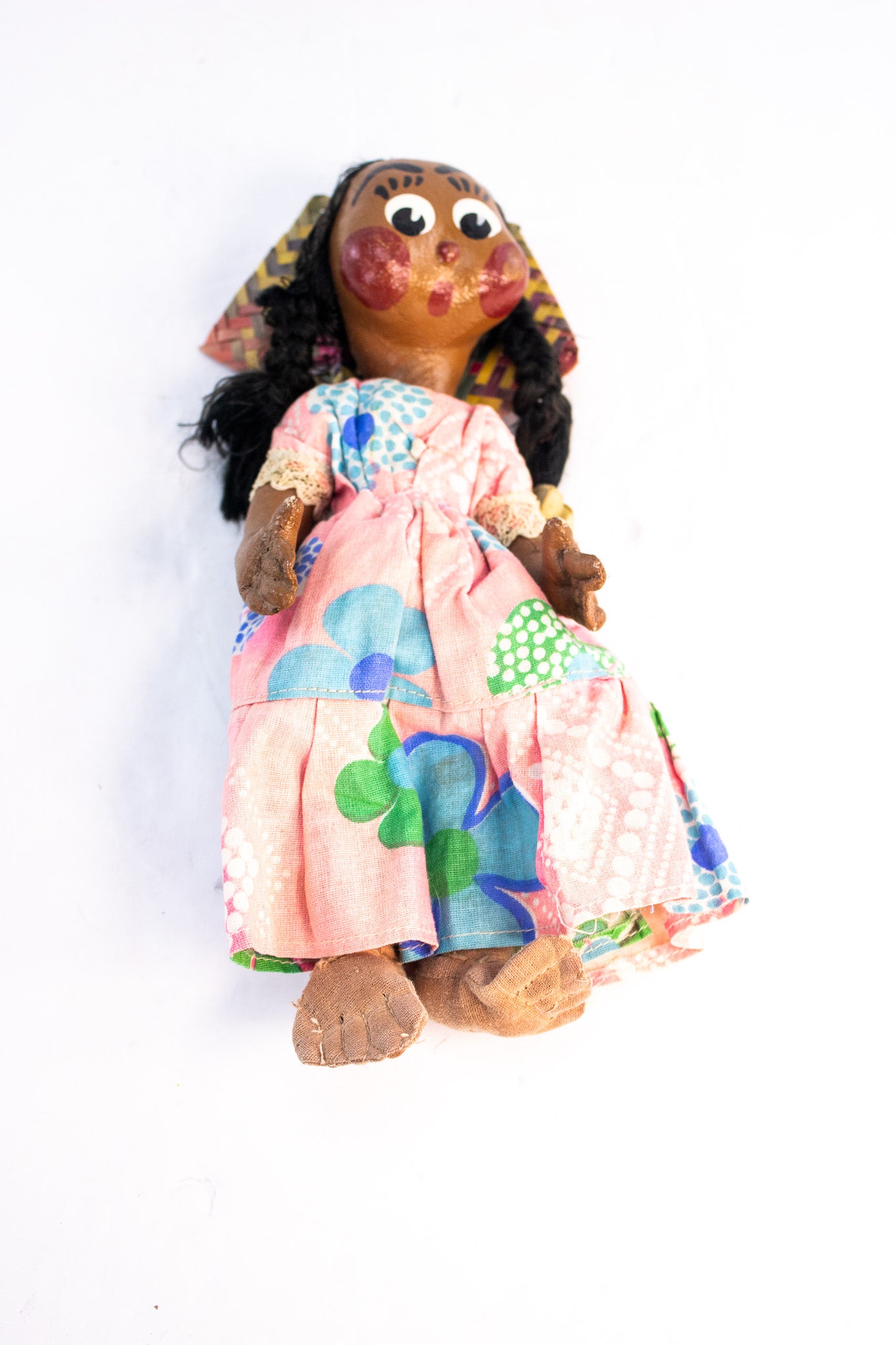 Vintage Mexican Folk Art Doll Handmade Gourd Head Palm Fan Figure