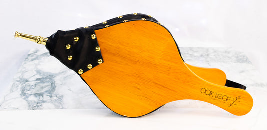 Oak Leaf Fireplace Bellows Wood & Leather Gold Studded Hearth Tool