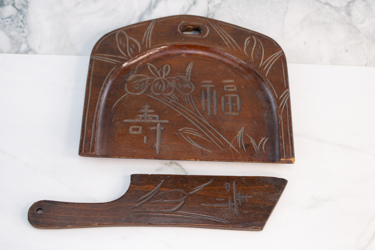 Hand-Carved Asian Wooden Crumb Tray & Scraper Set