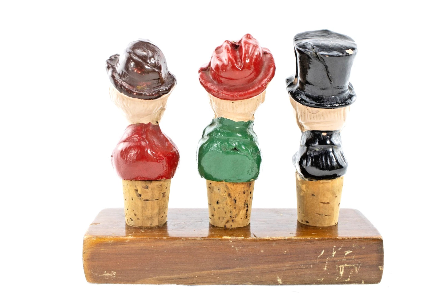 🧢 Vintage Figural Bottle Stoppers – Laurel & Hardy + W.C. Fields – Wood Bar