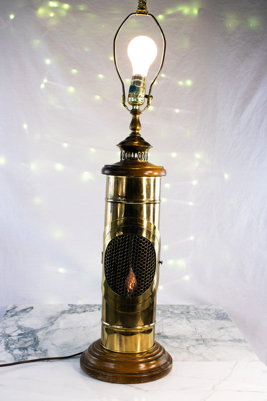 Tall Vintage Brass & Wood Statement Lamp | Mid-Century Flame Style Lighting