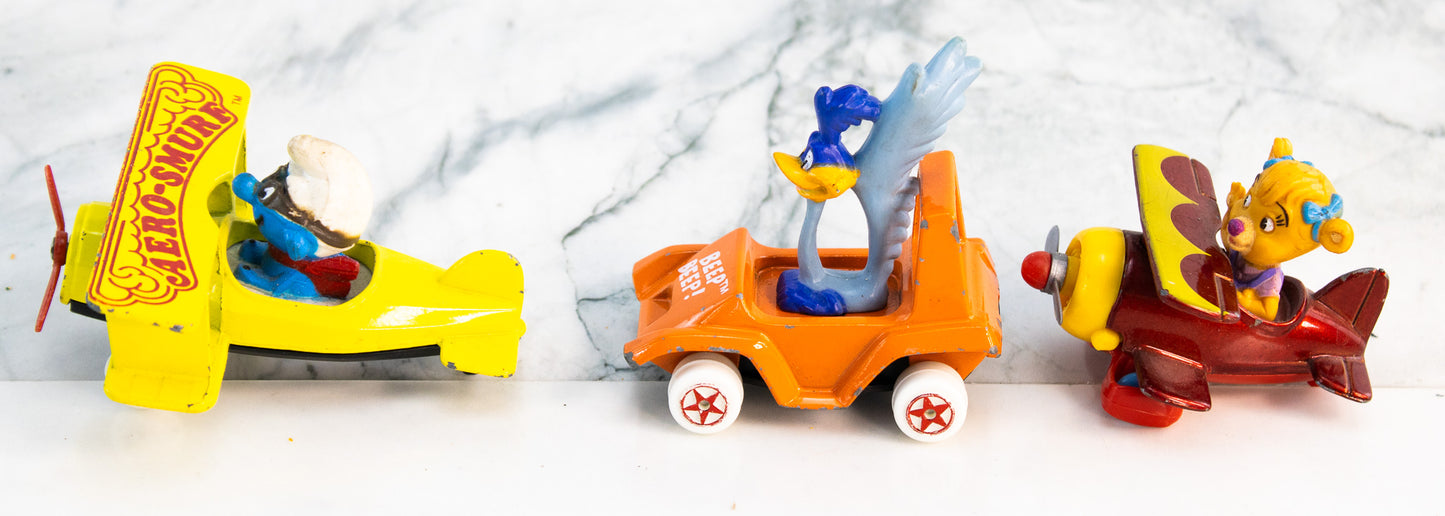 Vintage Smurf Airplane Road Runner Jeep Disney Bear Biplane Toy Lot
