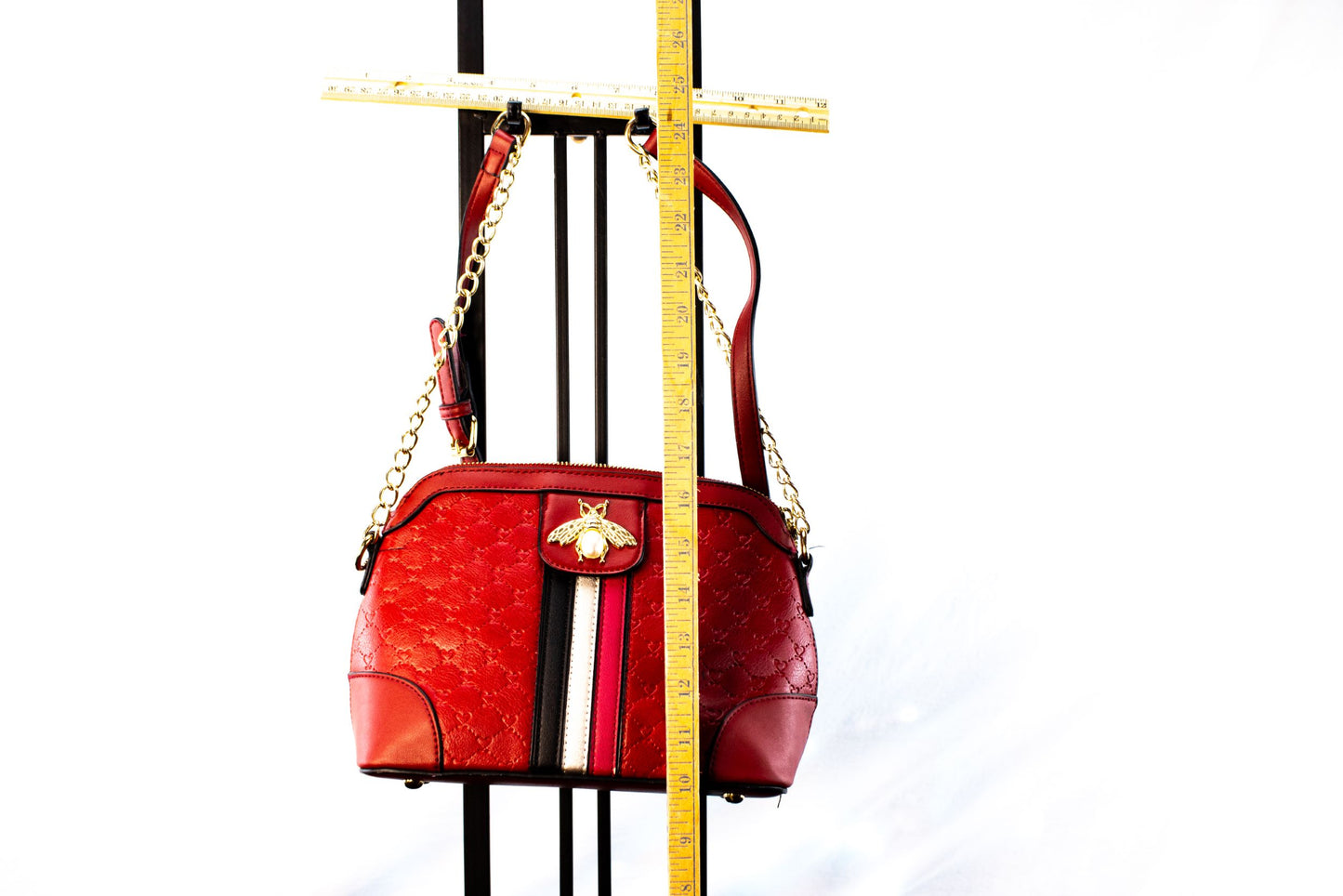 Red Quilted Bee Embellished Crossbody Bag Gold Chain Strap