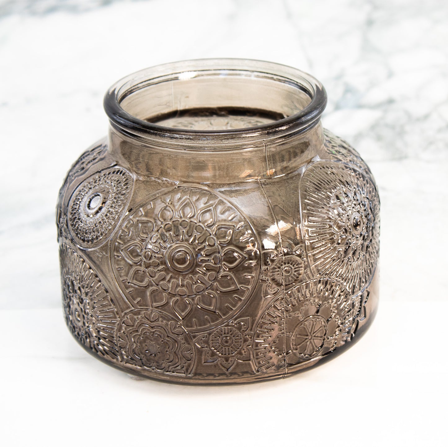 Smoke Glass Vase Embossed Boho Jar Floral Medallion Decor