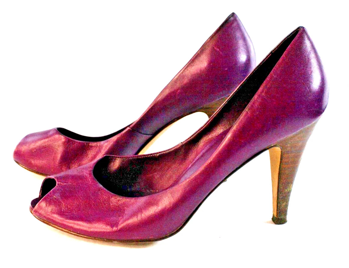 9 WEST “L-KRISTY” Heels – Plum Leather Peep Toe Pumps – Size 8M – Made in Brazil