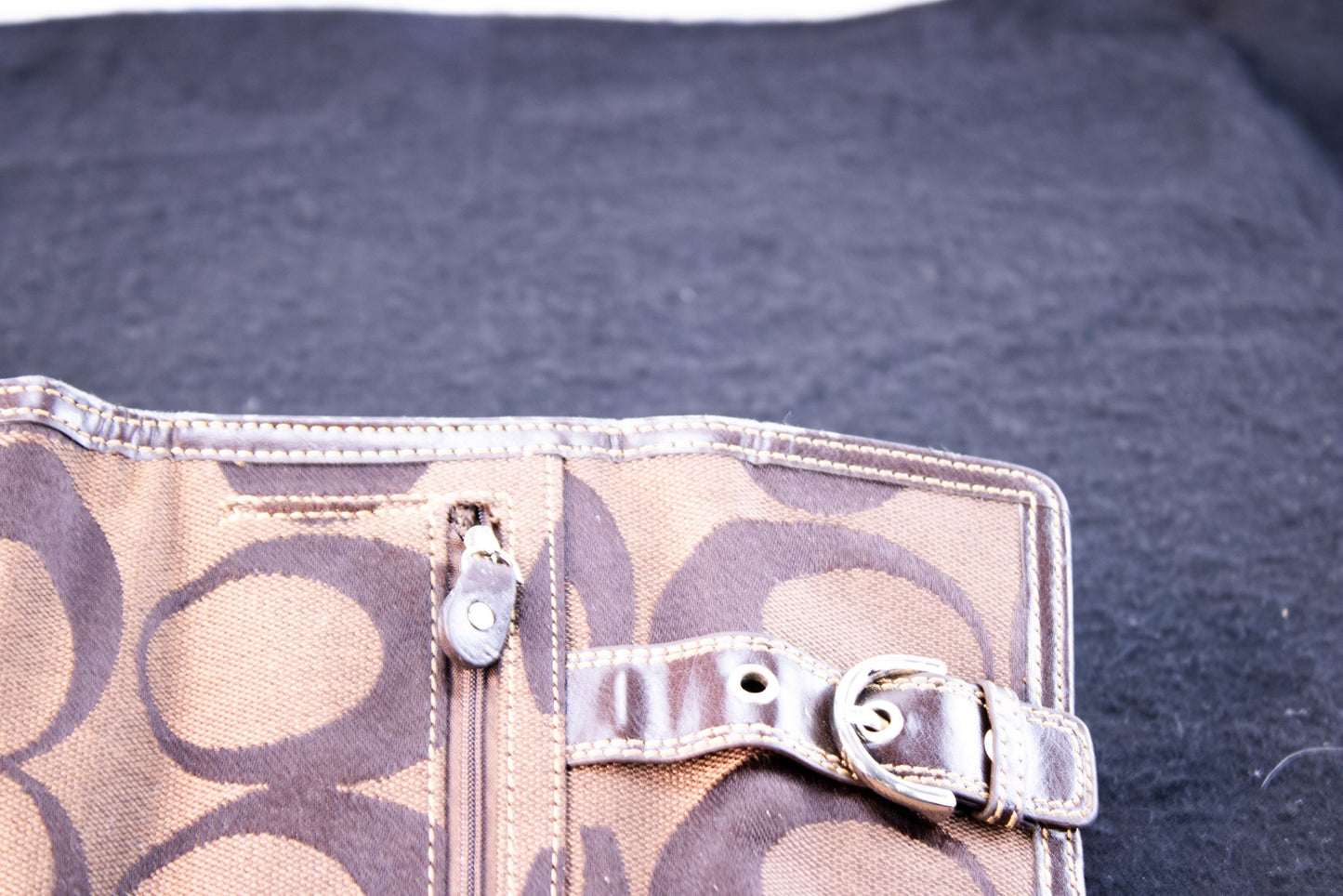 Coach Brown Signature C Trifold Wallet Buckle Strap Zip Coin Pocket