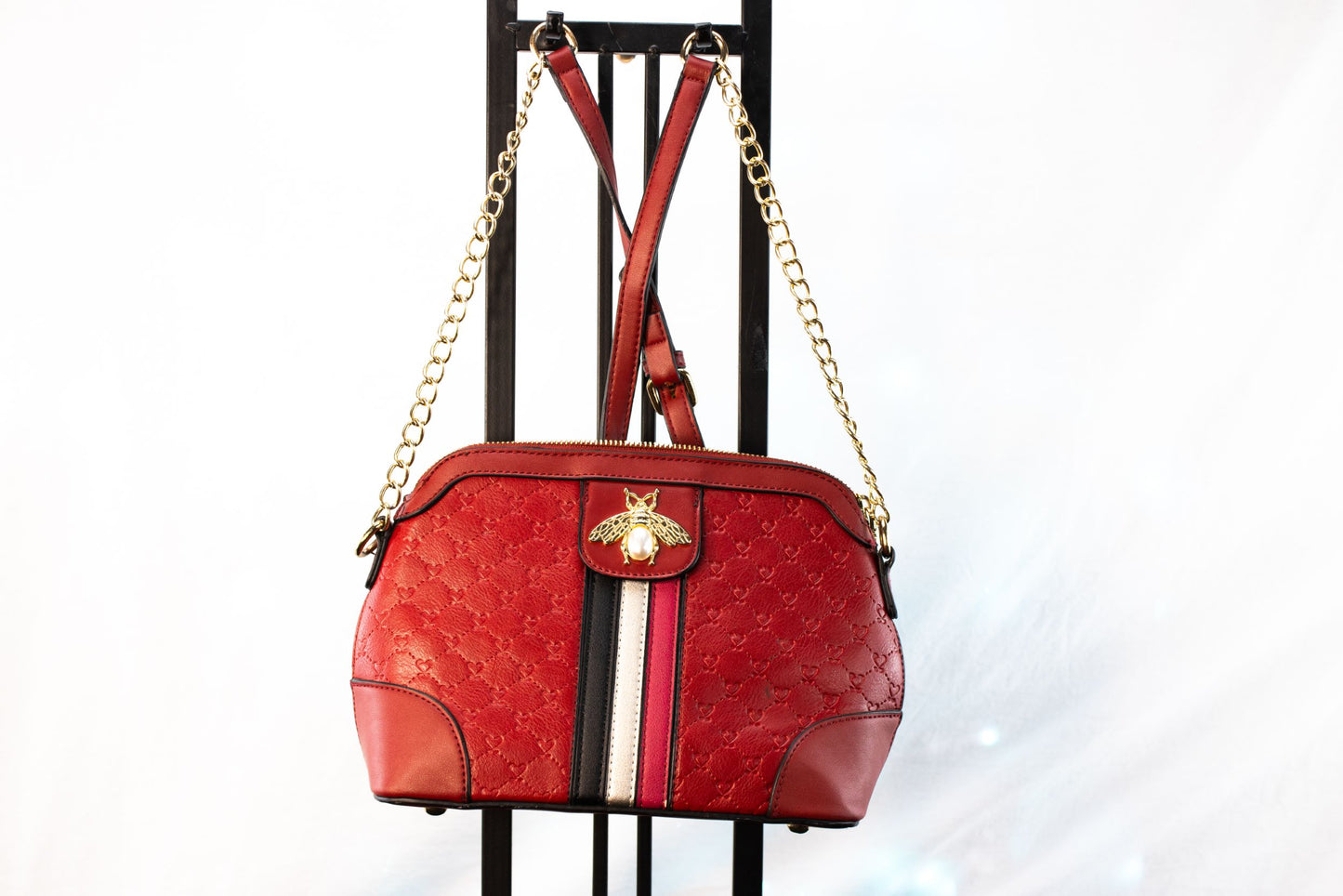 Red Quilted Bee Embellished Crossbody Bag Gold Chain Strap