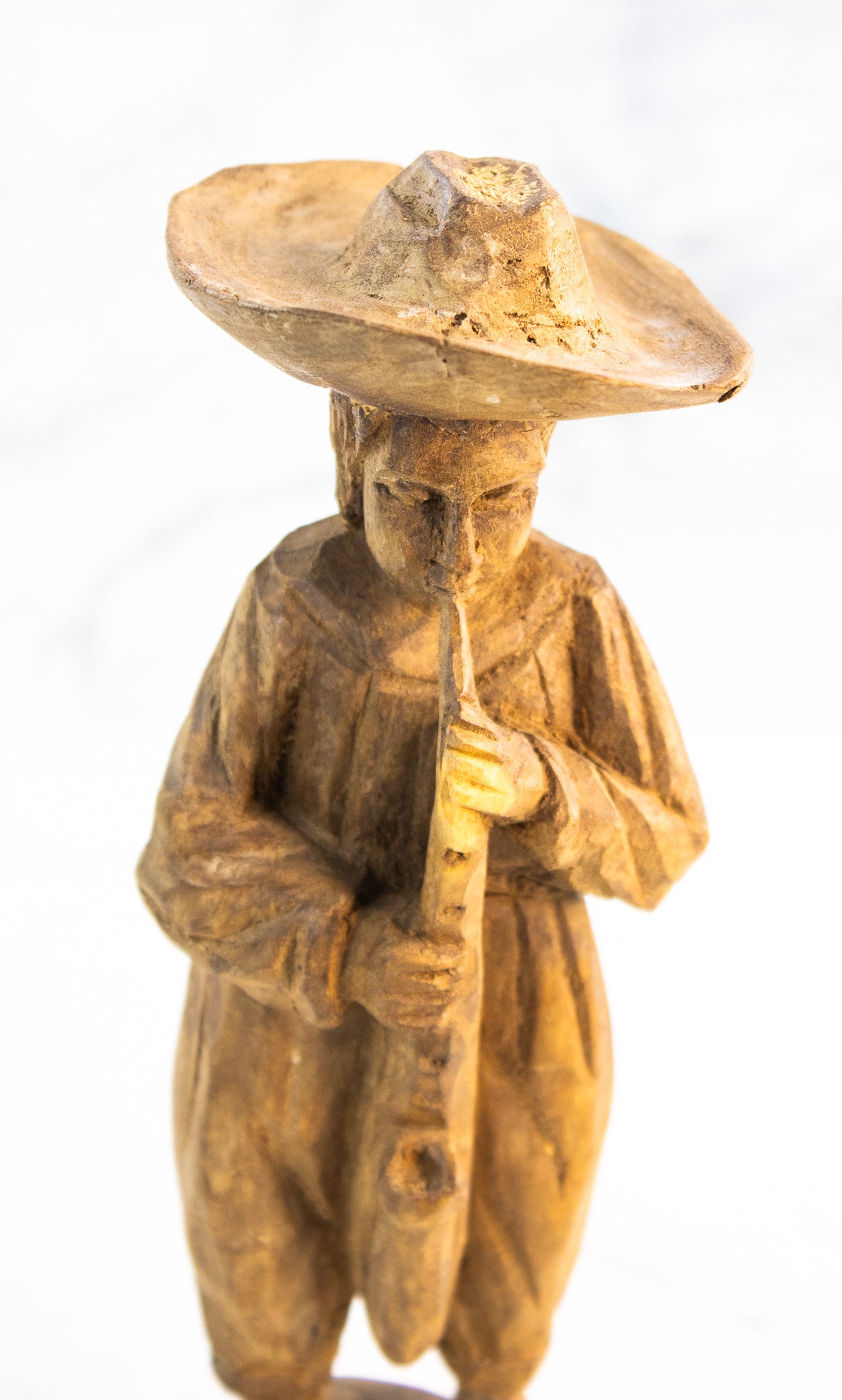 Vintage Mexican Hand-Carved Wooden Folk Art Figure with Flute