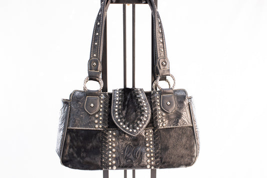 Western Tooled Leather Concealed Carry Handbag with Hair-On Hide