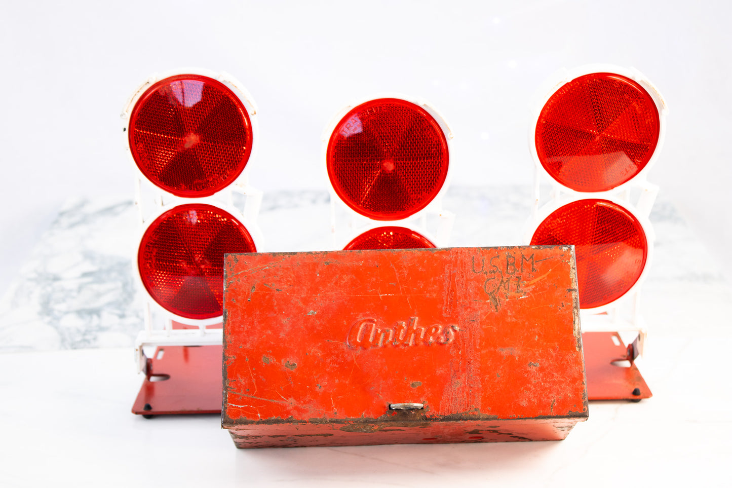 Vintage Anhes Railroad Warning Signal Set with Original Red Metal Case