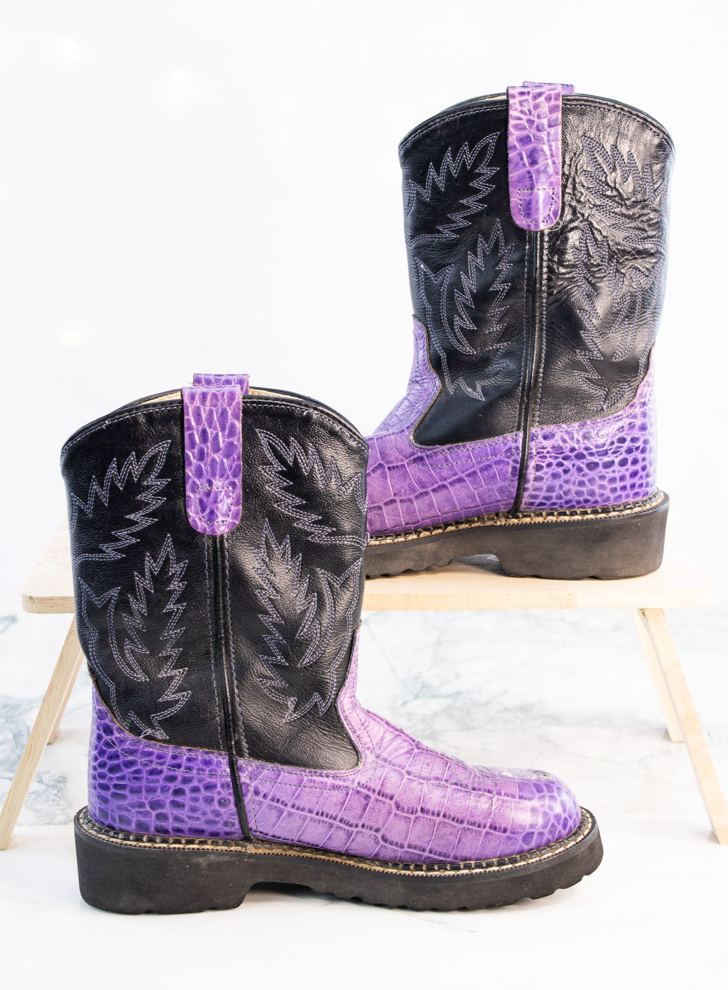 Old West Youth Cowboy Boots Purple Croc Print Black Western Y4