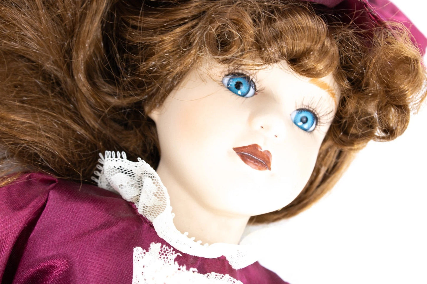 Vintage Porcelain Doll • Burgundy Paisley Dress • Victorian Lace Style • 16"