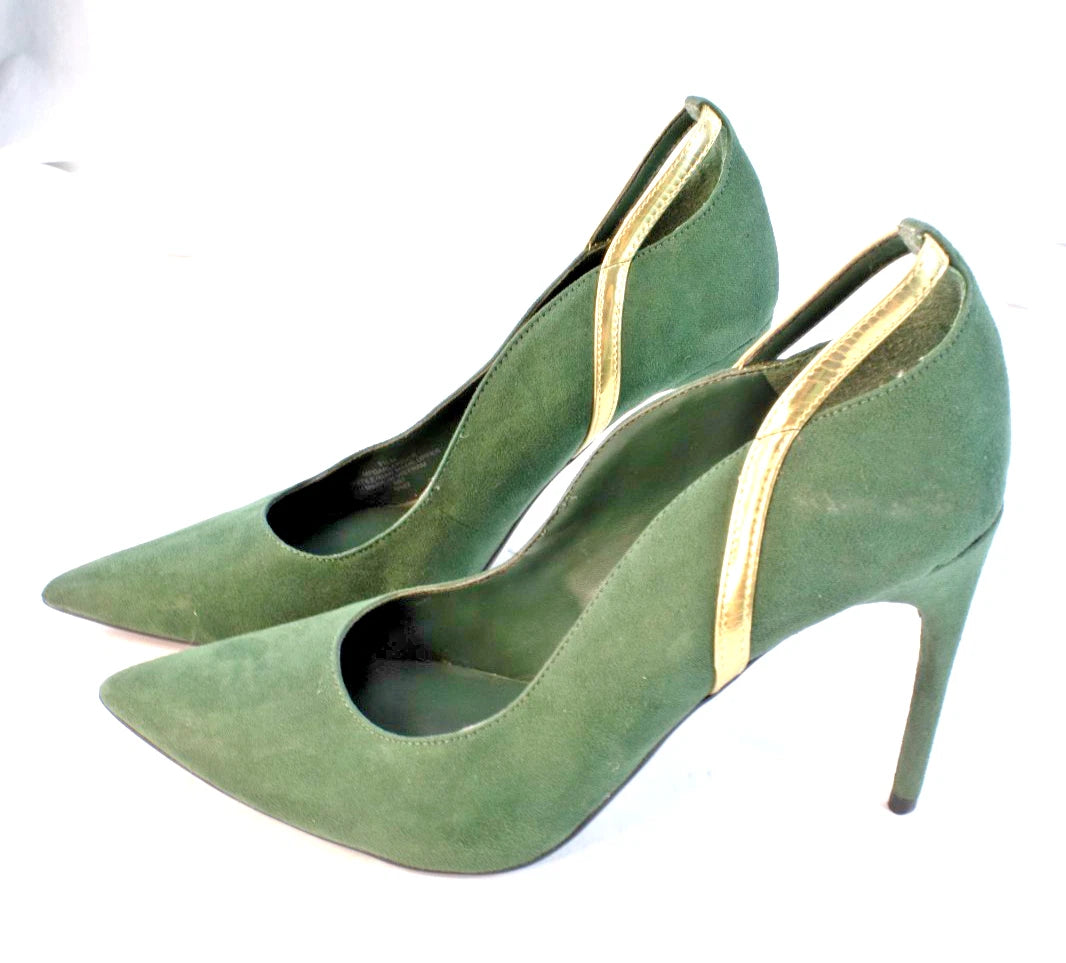 Marc Fisher Pointed-Toe Stiletto Pumps – Forest Green Suede w/ Gold Trim – Women