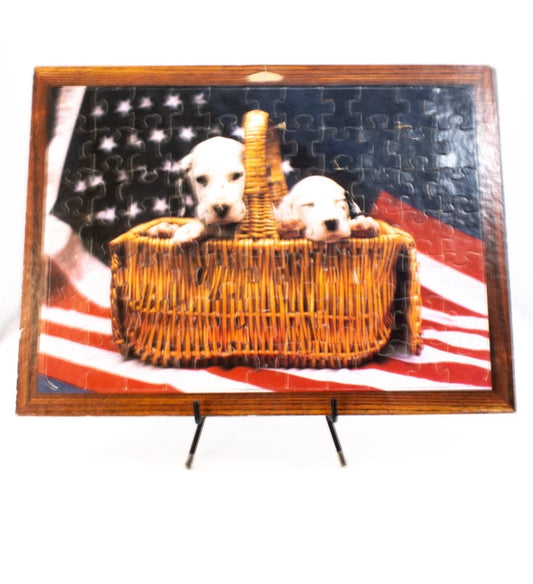 “Puppy Love & Patriotism” — 1980s PATCH PRODUCTS Wall Puzzle — Framed Americana