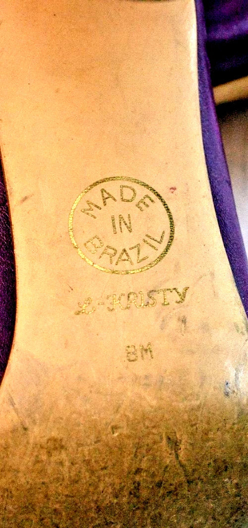 9 WEST “L-KRISTY” Heels – Plum Leather Peep Toe Pumps – Size 8M – Made in Brazil