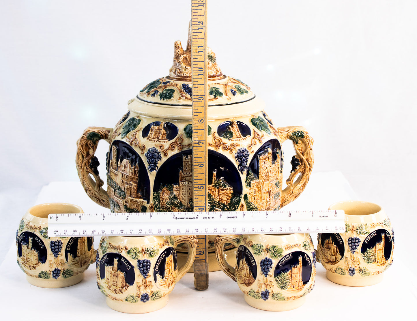 Vintage German Castle Punch Bowl Set | Old World Stoneware | Made in Germany