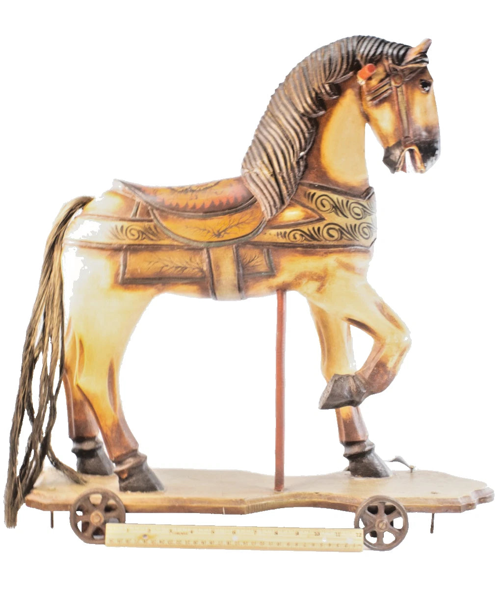 1885-1920s Hand-Carved Wooden Riding Horse w/Iron Wheels – Antique Folk Art 37