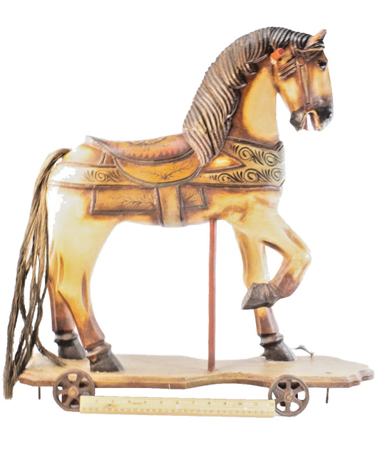 1885-1920s Hand-Carved Wooden Riding Horse w/Iron Wheels – Antique Folk Art 37
