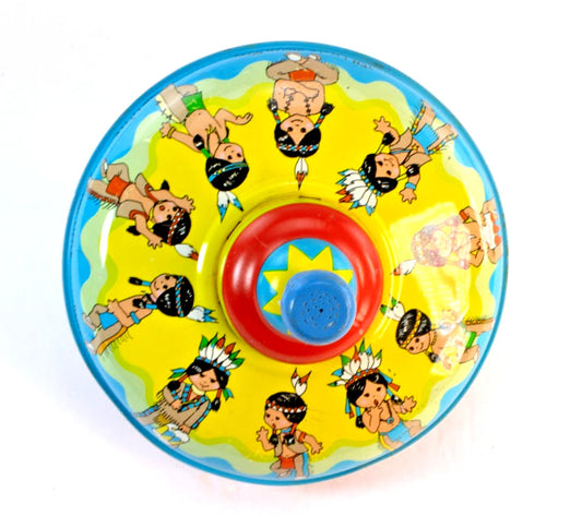 🎯 Vintage Ohio Art Tin Litho Spinning Top – Native American Kids Design – 1960s