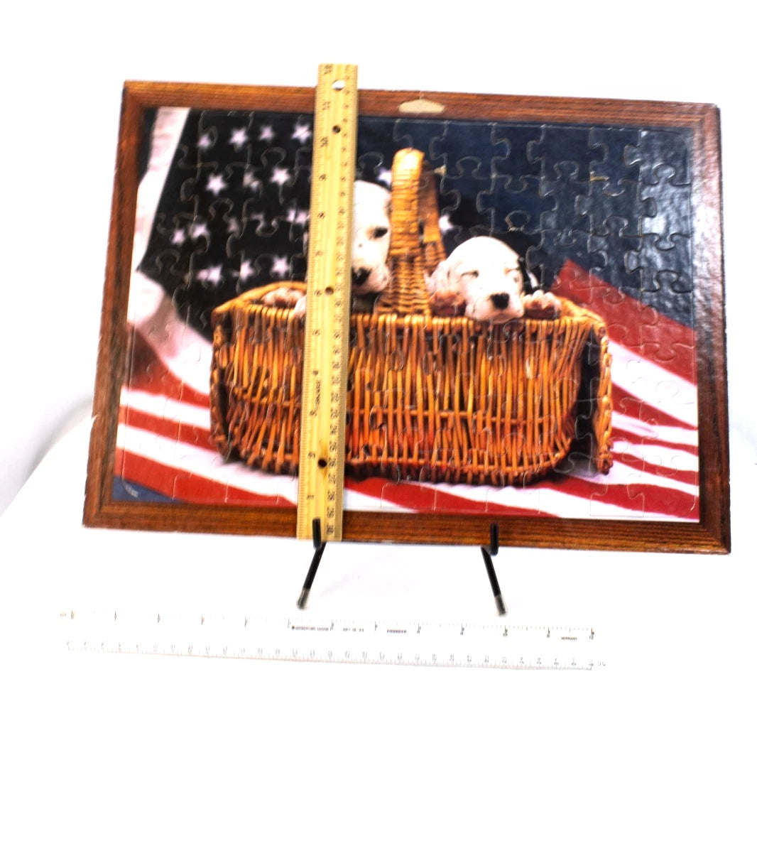 “Puppy Love & Patriotism” — 1980s PATCH PRODUCTS Wall Puzzle — Framed Americana