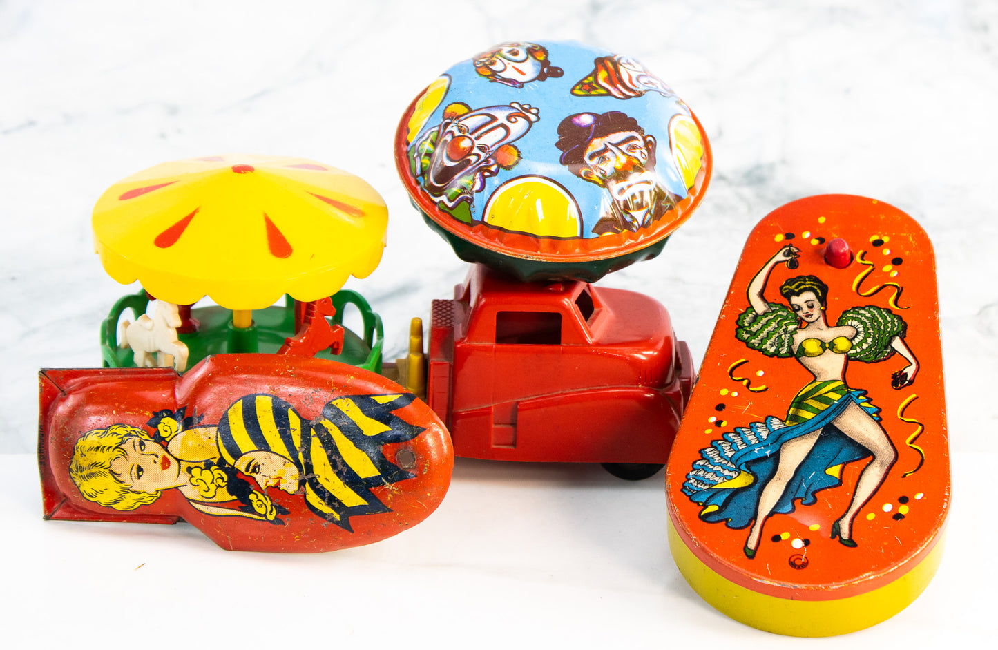 Vintage Tin Toy Lot Ohio Art Carousel Circus Clown Truck Carnival Toys