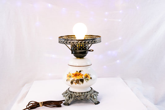 Vintage Milk Glass Floral Table Lamp Ornate Metal Base Victorian Style