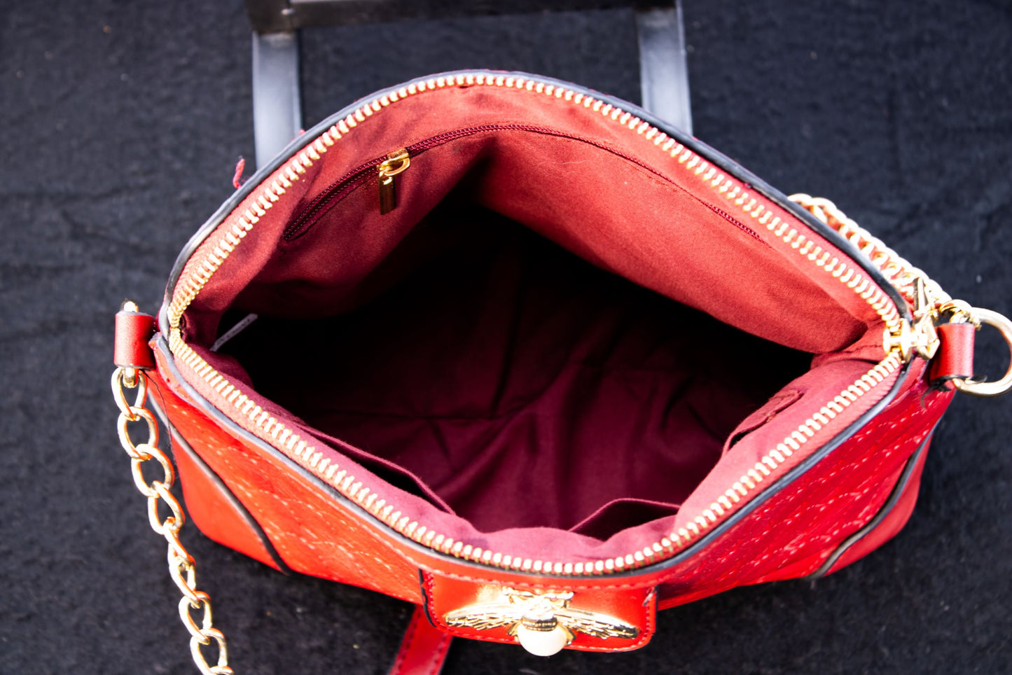 Red Quilted Bee Embellished Crossbody Bag Gold Chain Strap