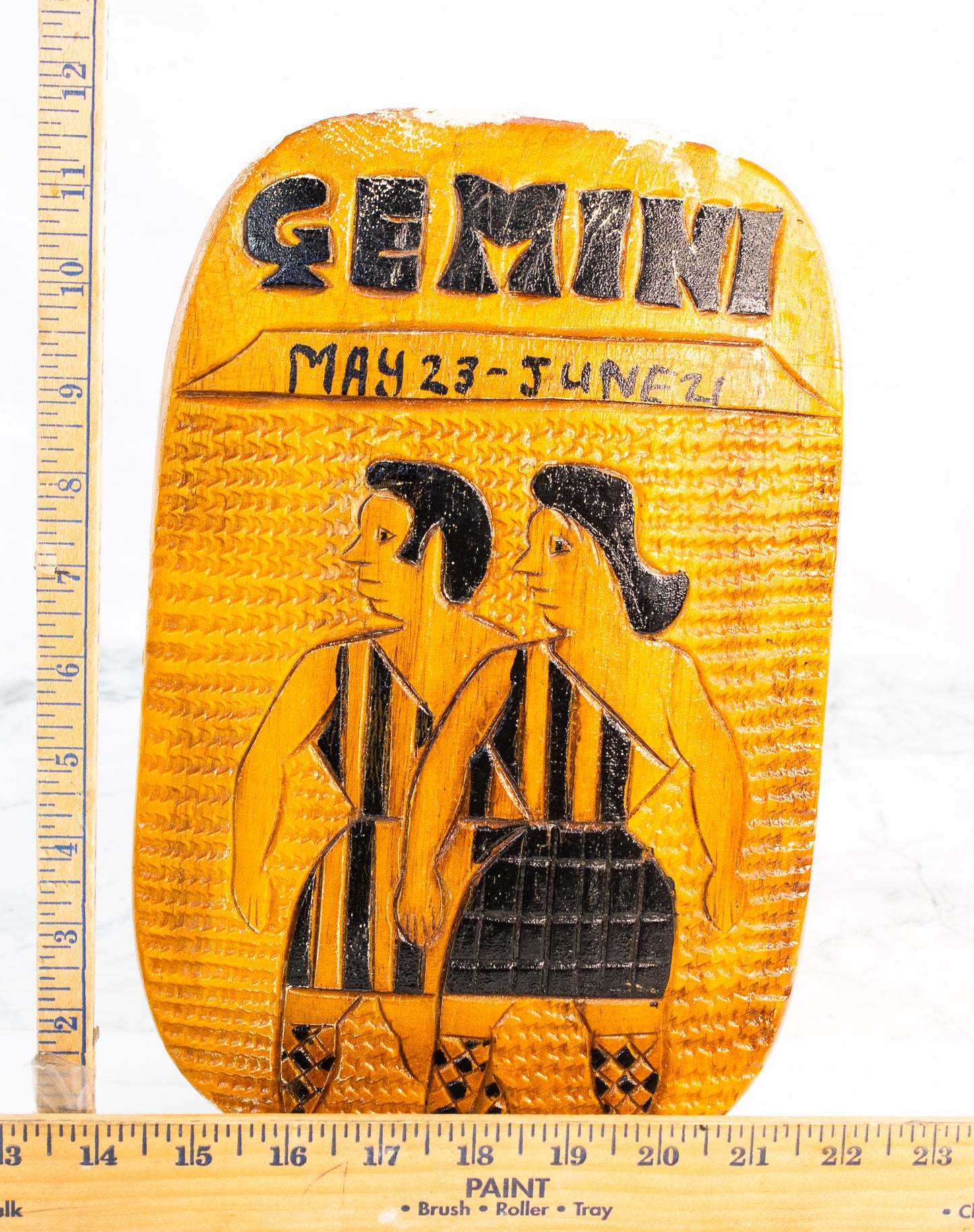 Gemini Zodiac Wood Carving, Jamaica Straw Market Folk Art 1982